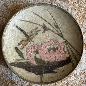Solid Brass Decorative Plate on Pedestal with Pink Flowers and Dragonfly